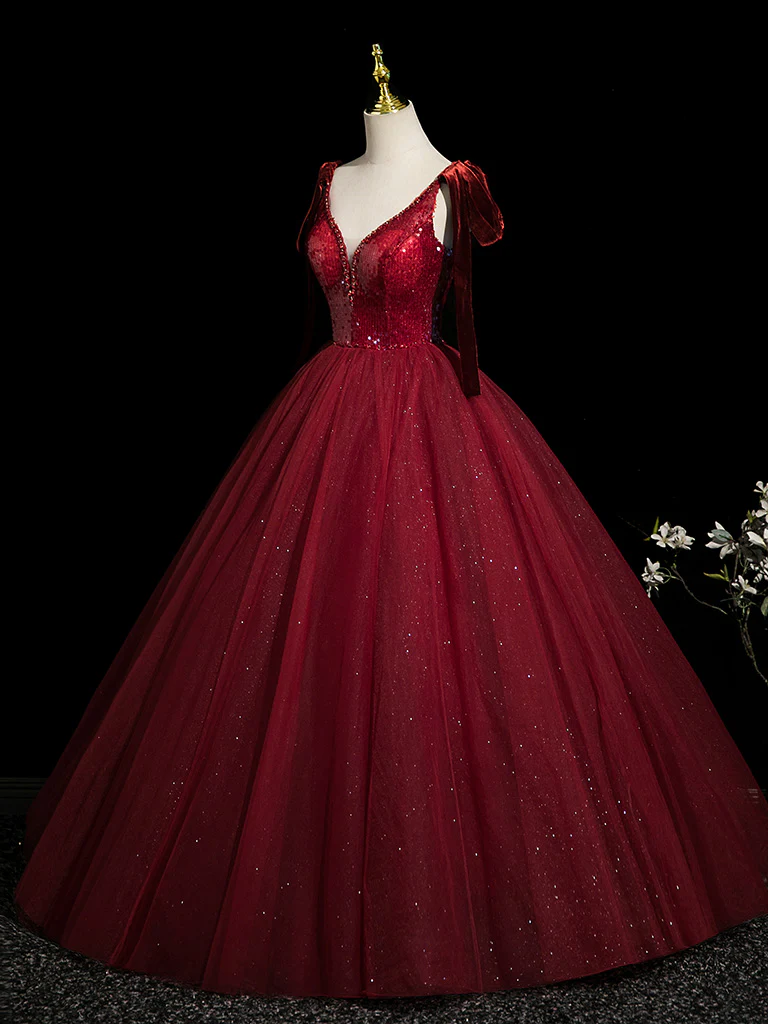 A-Line V Neck Tulle Sequin Burgundy Long Prom Dress, Burgundy Long Evening Dress - Deanwangkt