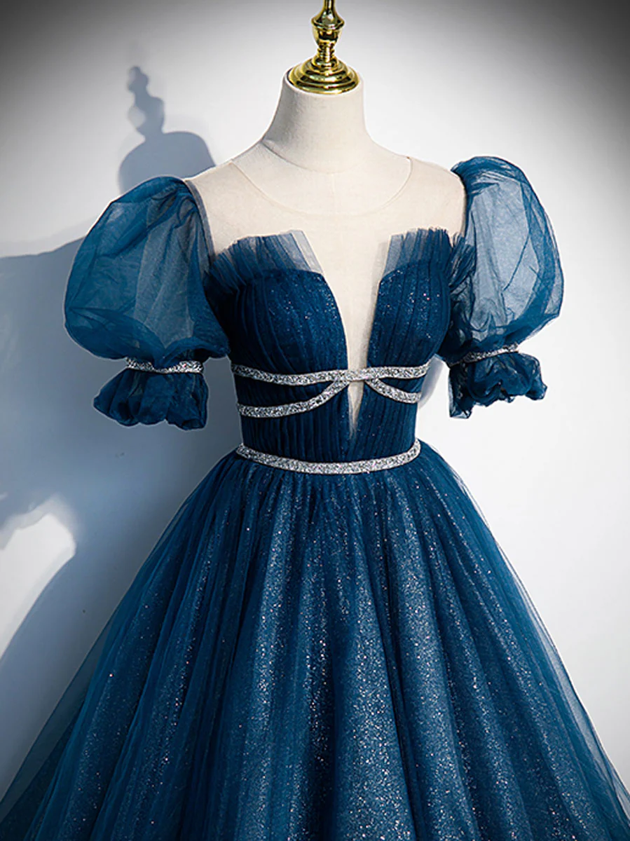 Blue Tulle Off Shoulder Long Prom Dress, Blue Tulle Formal Dress - Deanwangkt
