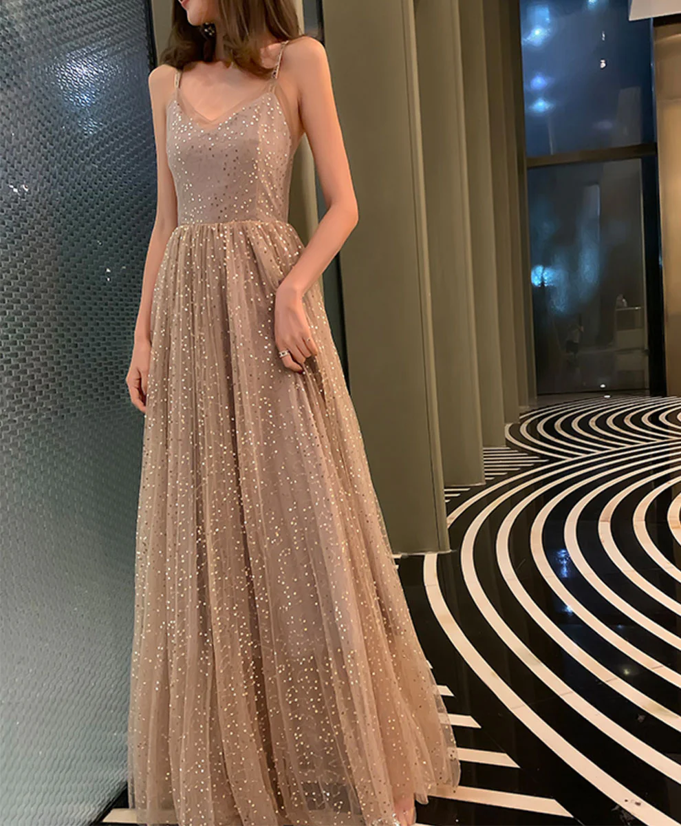 Simple Champagne V Neck Tulle Sequin Long Prom Dress Formal Dress - Deanwangkt