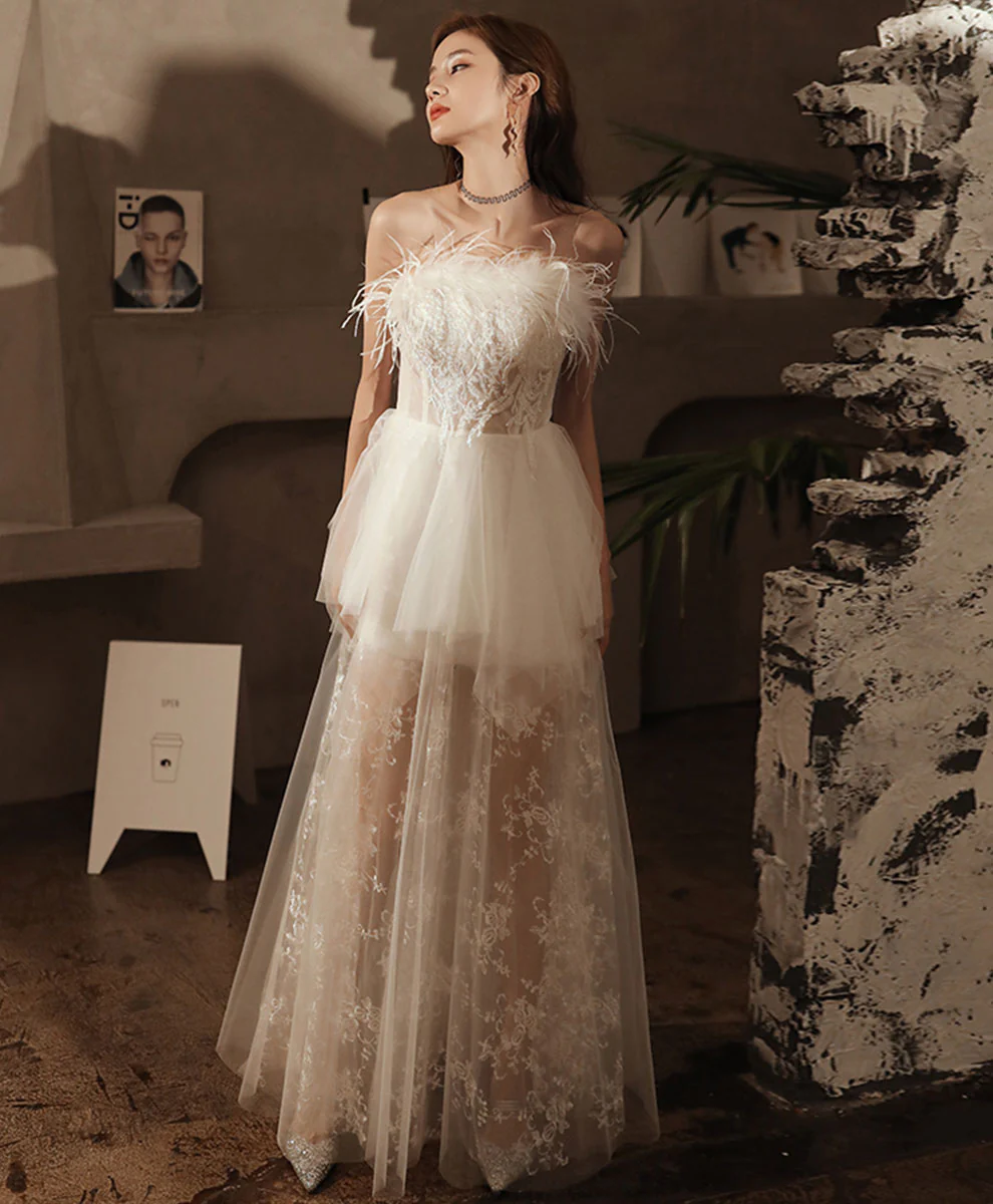 White Sweetheart Dress Tulle Lace Long Prom Dress Evening Dress - Deanwangkt