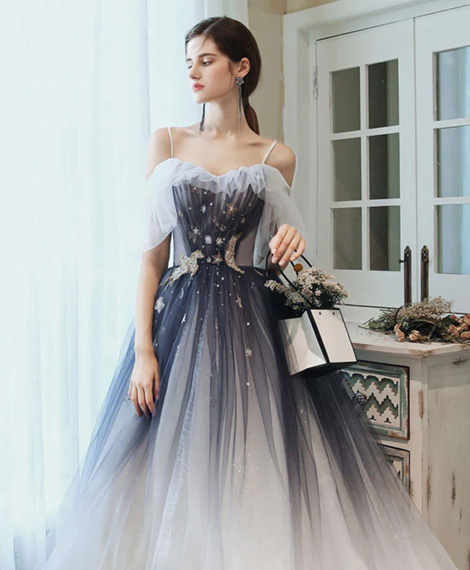 Unique Sweetheart Tulle Blue Long Prom Dress Blue Tulle Evening Dress - Deanwangkt