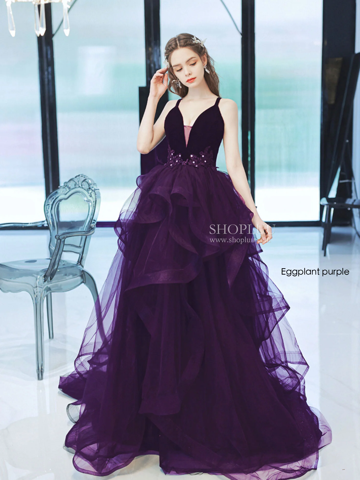 Black V Neck Tulle Long Prom Dress, Black Tulle Formal Graduation Dresses - Deanwangkt