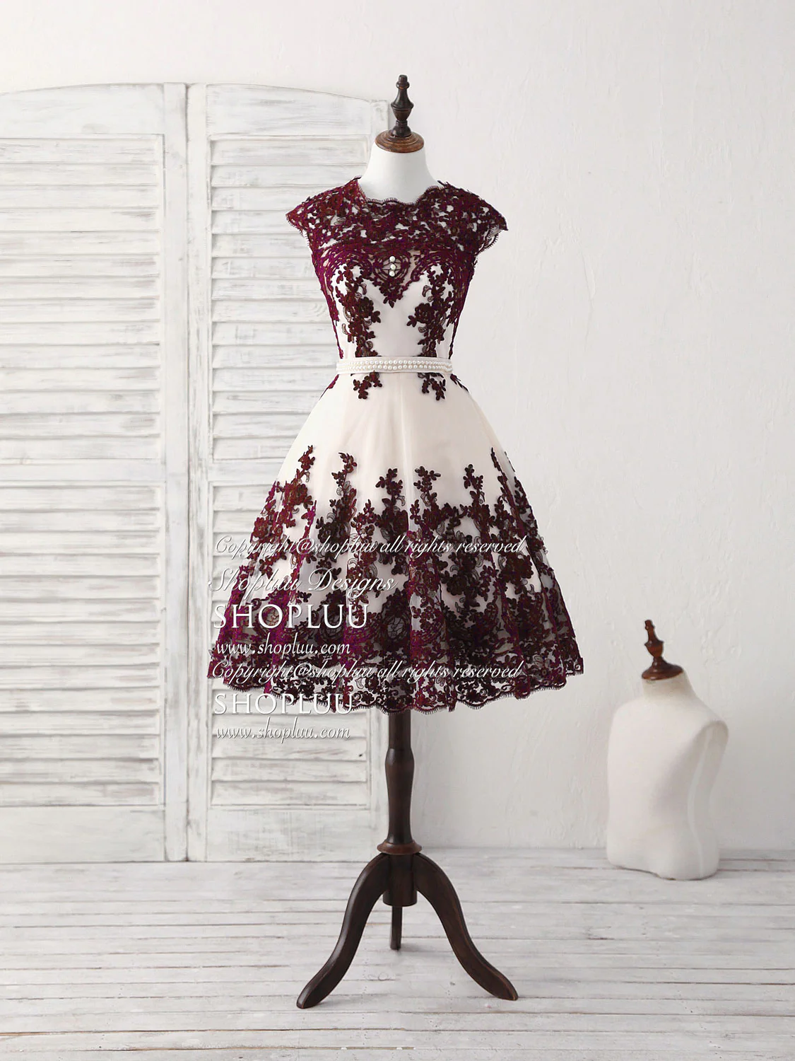Burgundy Lace Tulle Short Prom Dress Burgundy Bridesmaid Dress - Deanwangkt