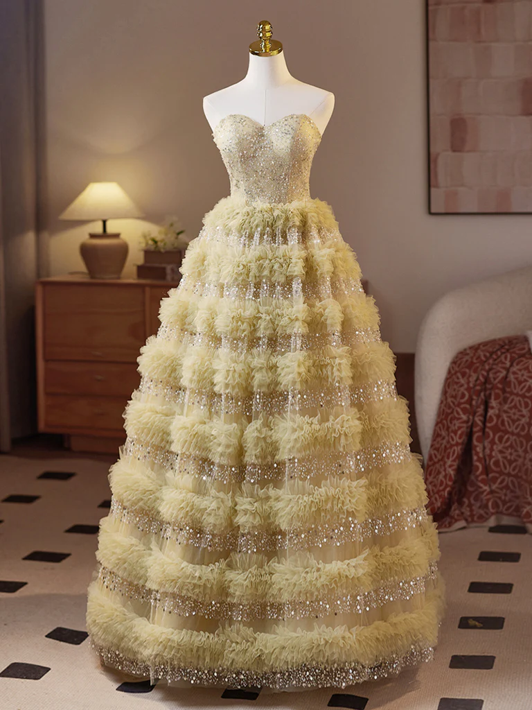 Beautiful Sweetheart Neck Tulle Sequin Green Prom Dress, Puffy Green Long Sweet 16 Dress - Deanwangkt