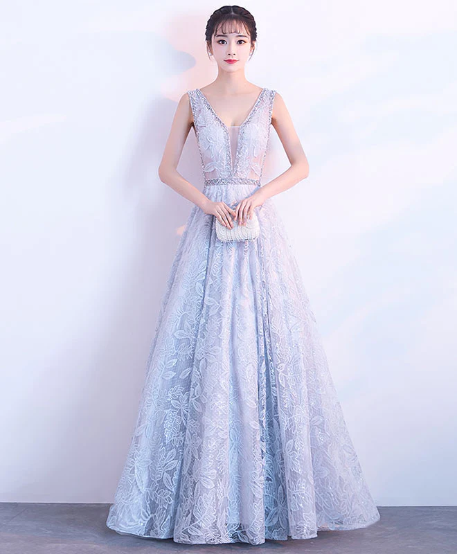 Gray V Neck Lace Long Prom Dress, Gray Evening Dress - Deanwangkt
