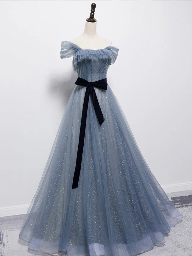 Blue Tulle Off Shoulder Sequin Long Prom Dress Blue Evening Dress - Deanwangkt