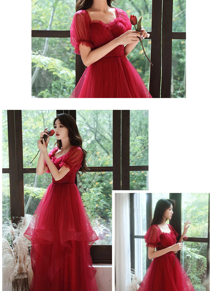 Simple A line Tulle Long Prom Dress Burgundy Tulle Formal Dress - Deanwangkt