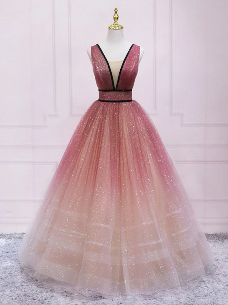 Aline V Neck Tulle Long Prom Dress Tulle Long Formal Graduation Dresses - Deanwangkt