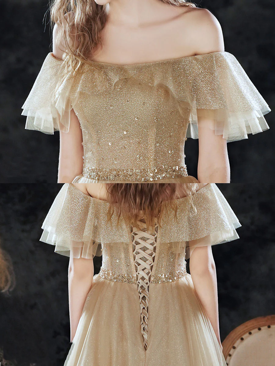 Simple Champagne Tulle Sequin Long Prom Dress, A Line Tulle Evening Dress - Deanwangkt