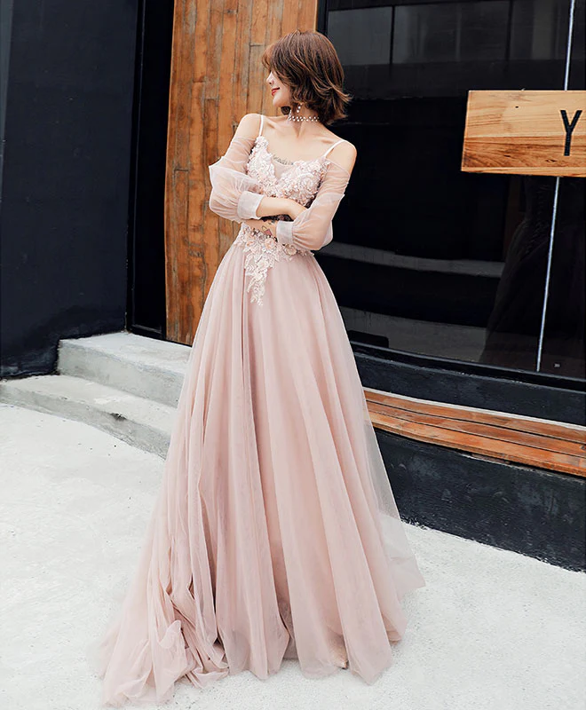 Champagne Tulle Lace Long Prom Dress, Champagne Evening Dress - Deanwangkt