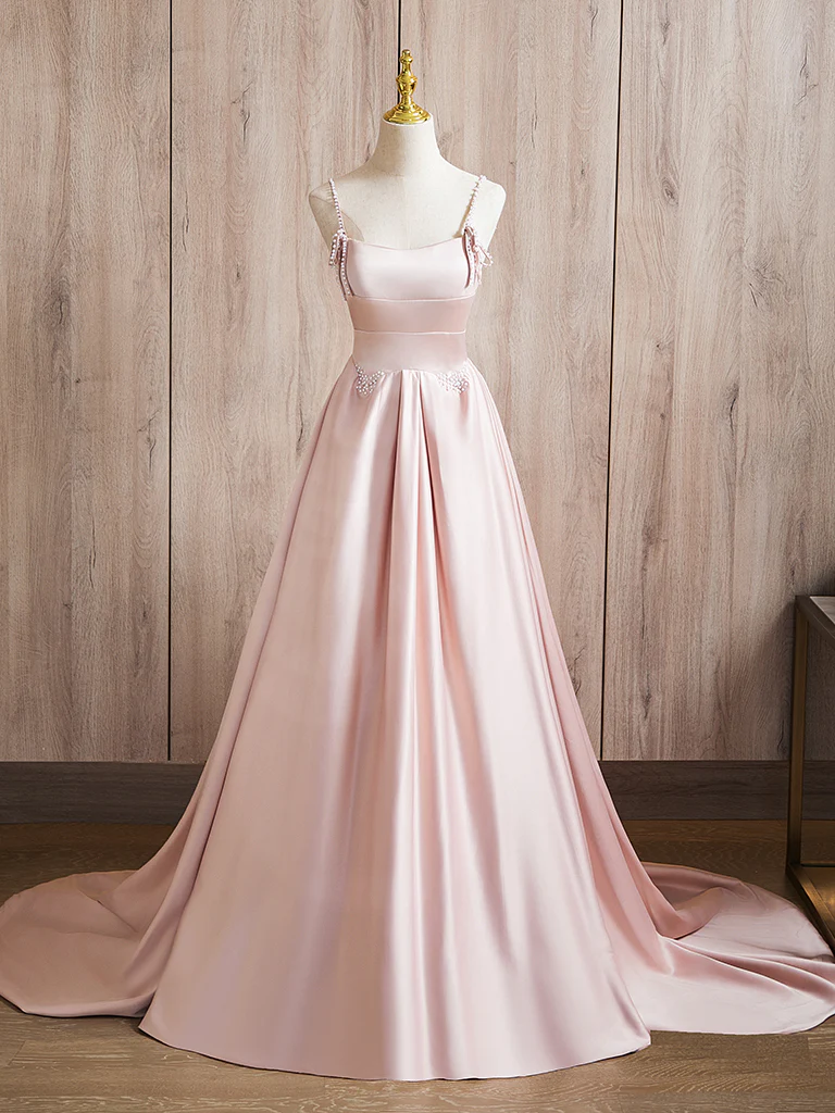 A-Line Beads Satin Pink Long Prom Dress, Pink Long Formal Dress - Deanwangkt