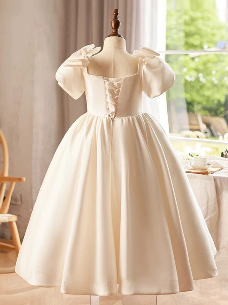 A-Line Puff Sleeves Satin Beige Flower Girl Dress - Deanwangkt