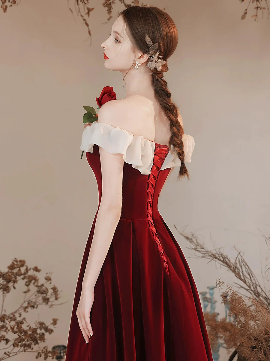 A-Line Off Shoulder Velvet Burgundy Long Prom Dress, Burgundy Formal Dress - Deanwangkt