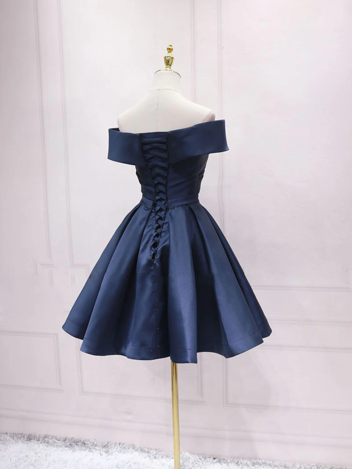 Simple Off Shoulder Satin Dark Blue Short Prom Dress, Blue Homecoming Dress - Deanwangkt