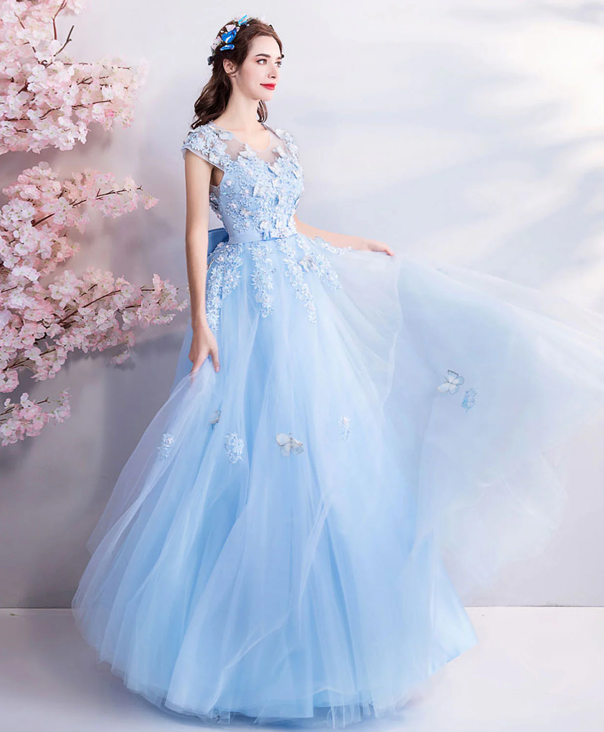 Sky Blue Lace Tulle Long Prom Dress, Blue Evening Dress - Deanwangkt