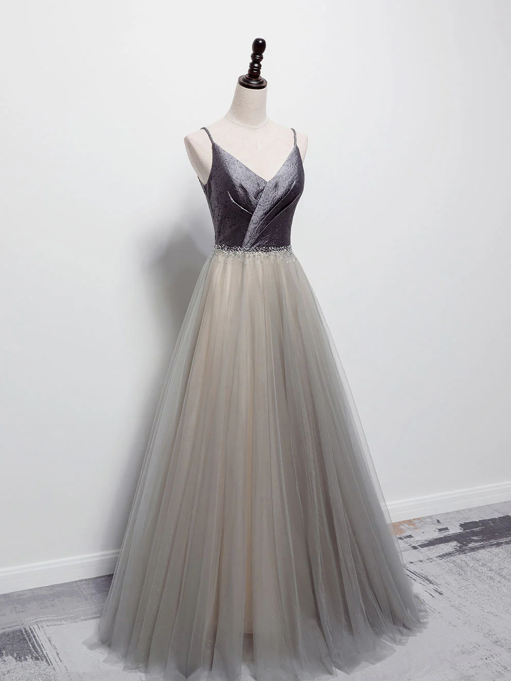 Simple Gray V Neck Tulle Long Prom Dress, Gray A line Gray Formal Dresses - Deanwangkt