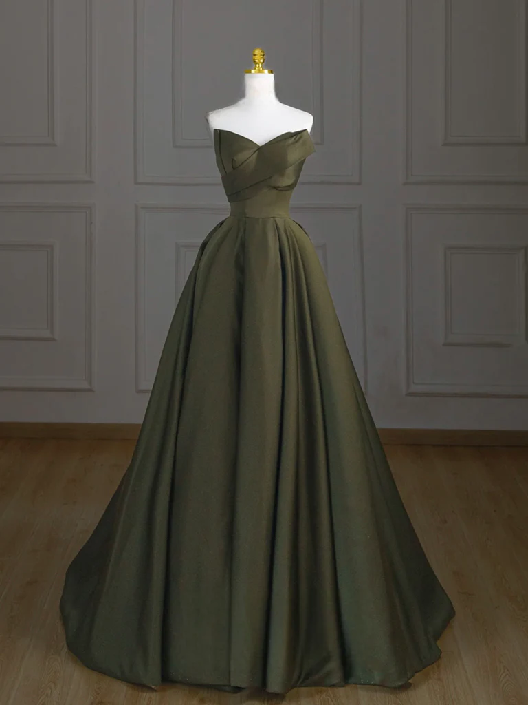 A-Line V Neck Satin Green Long Prom Dress, Green Long Formal Dress - Deanwangkt