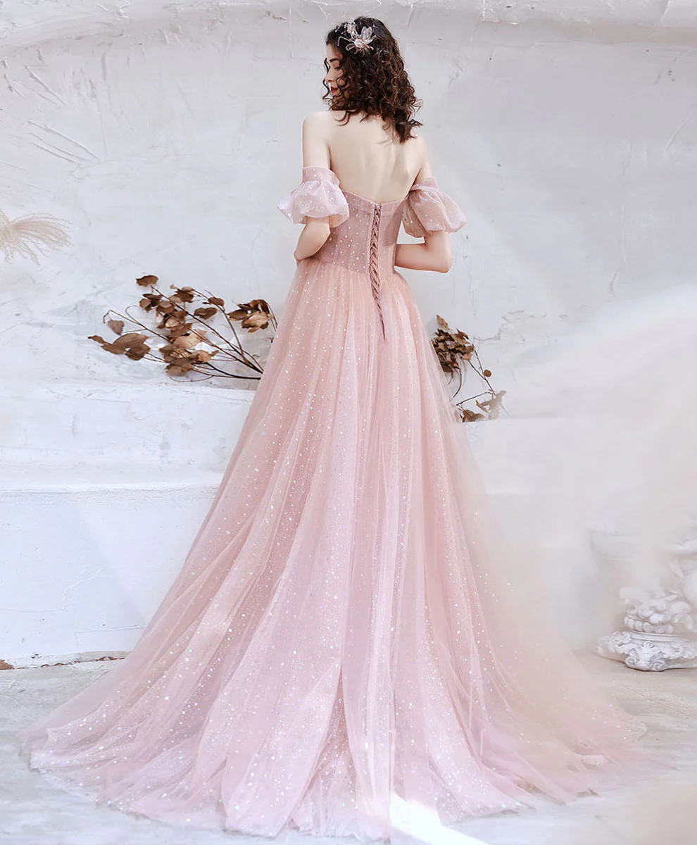 Pink Aline Tulle Long Prom Dress, Pink Formal Evening Party Dress - Deanwangkt