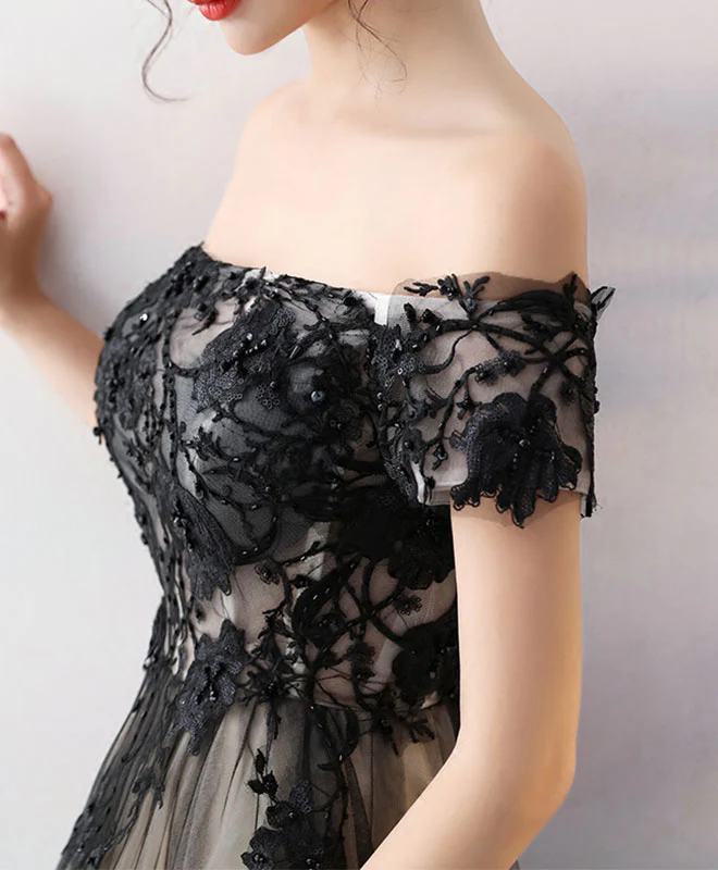 Black Lace Tulle Long Prom Dress, Black Formal Party Dress - Deanwangkt