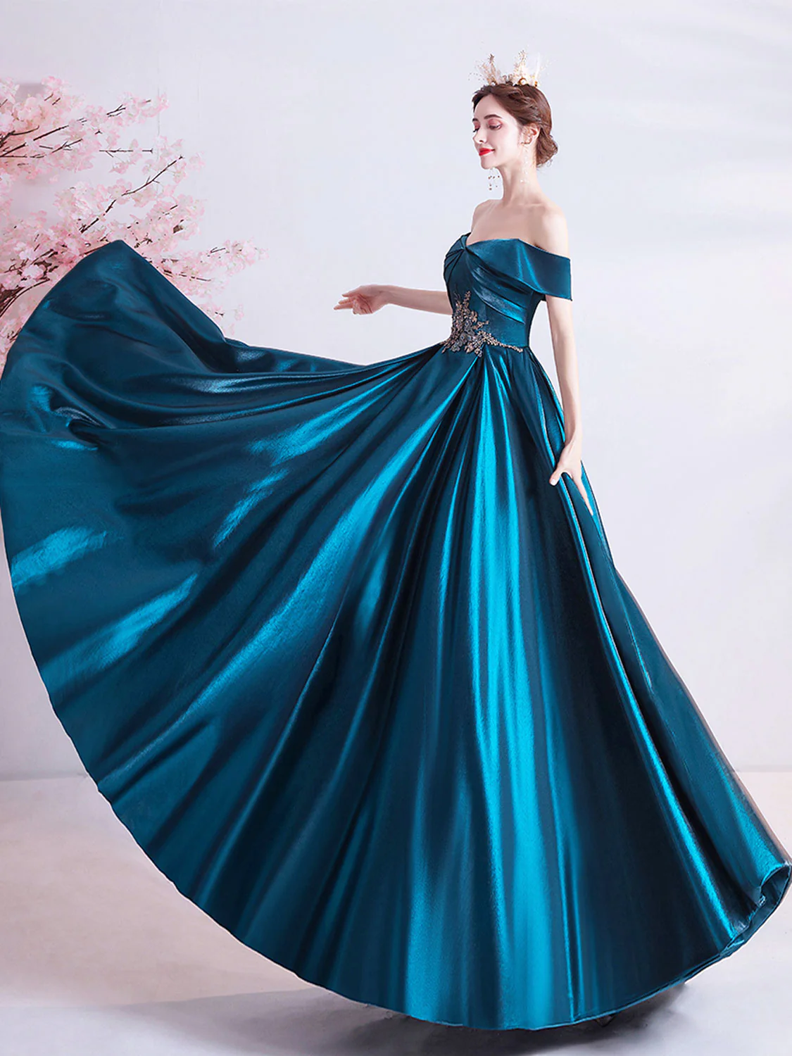 A-Line Sweetheart Neck Satin Blue Long Prom Dress, Blue Evening Dresses - Deanwangkt
