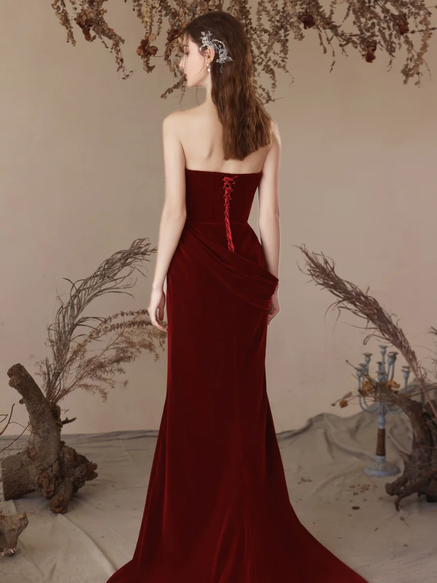 Unique Mermaid Velvet Burgundy Long Prom Dress, Burgundy Evening Dress - Deanwangkt