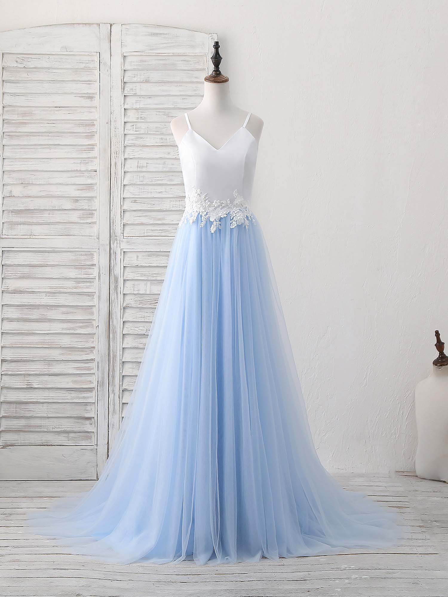 Simple Blue Tulle Long Prom Dress, Blue Tulle Evening Dress - Deanwangkt