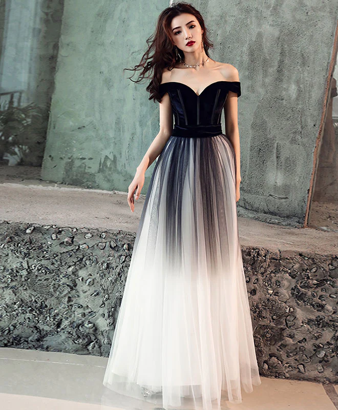 Simple Tulle Off Shoulder Black Long Prom Dress, Black Tulle Evening Dress - Deanwangkt