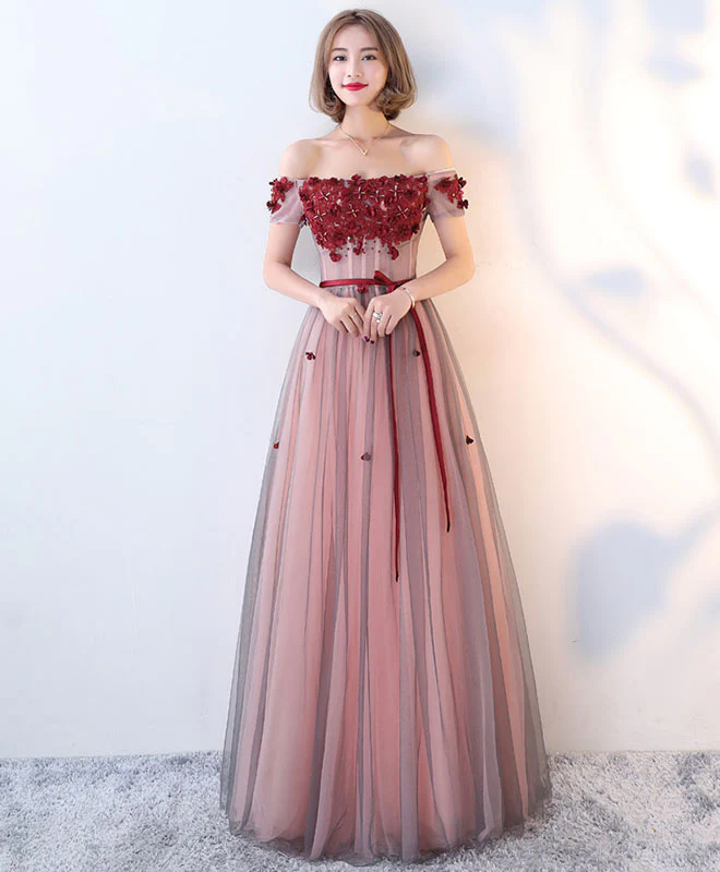 Burgundy Tulle Lace Long Prom Dress, Burgundy Evening Dress - Deanwangkt