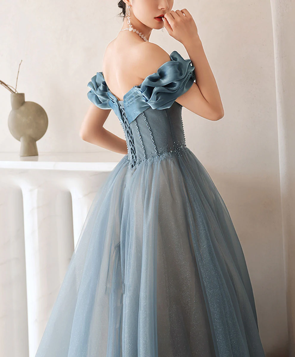 Blue Sweetheart Off Shoulder Tulle Long Prom Dress Blue Formal Dress - Deanwangkt