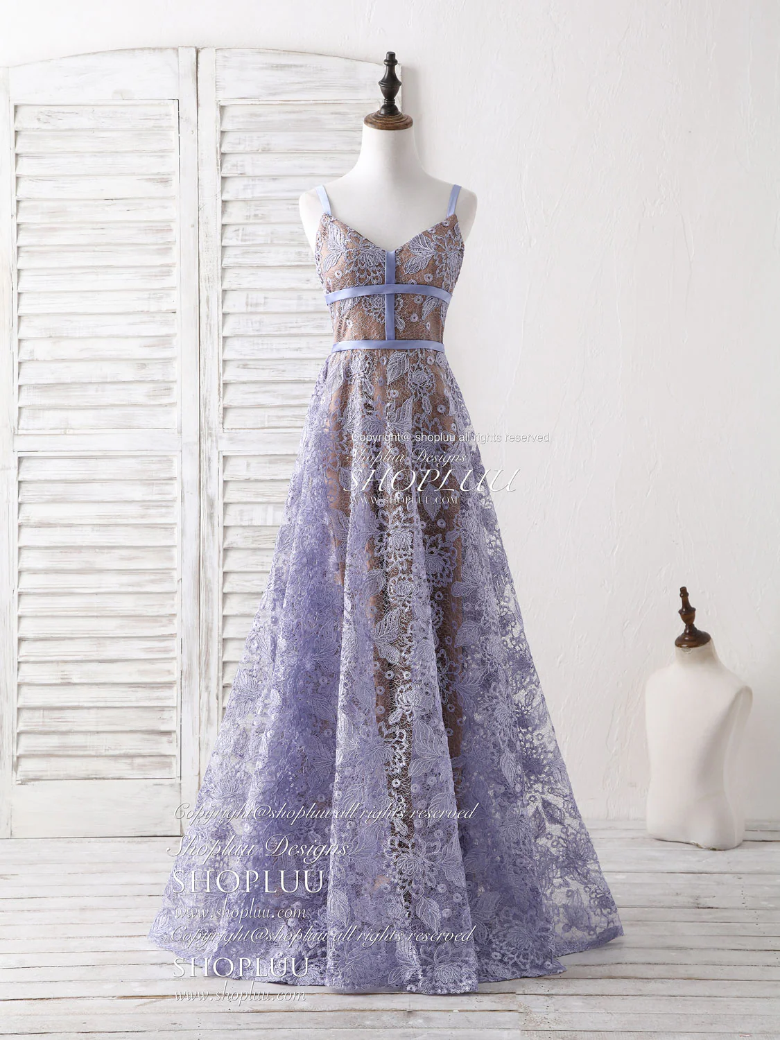 Unique V Neck Lace Long Prom Dress Purple Lace Evening Dress - Deanwangkt