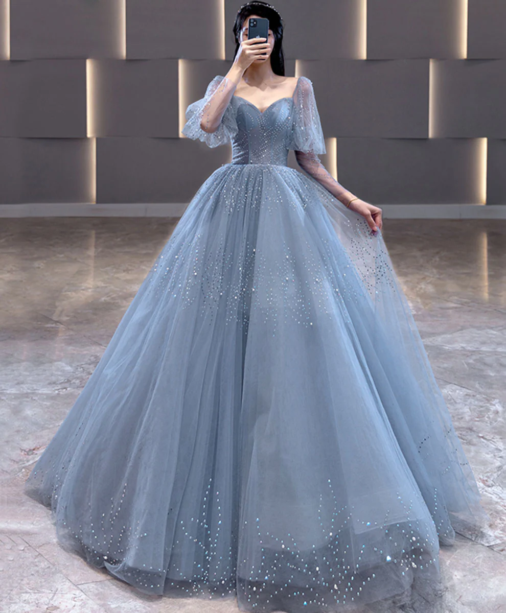V Neck Tulle Sequin Blue Long Prom Dress, Blue Formal Graduation Dress - Deanwangkt