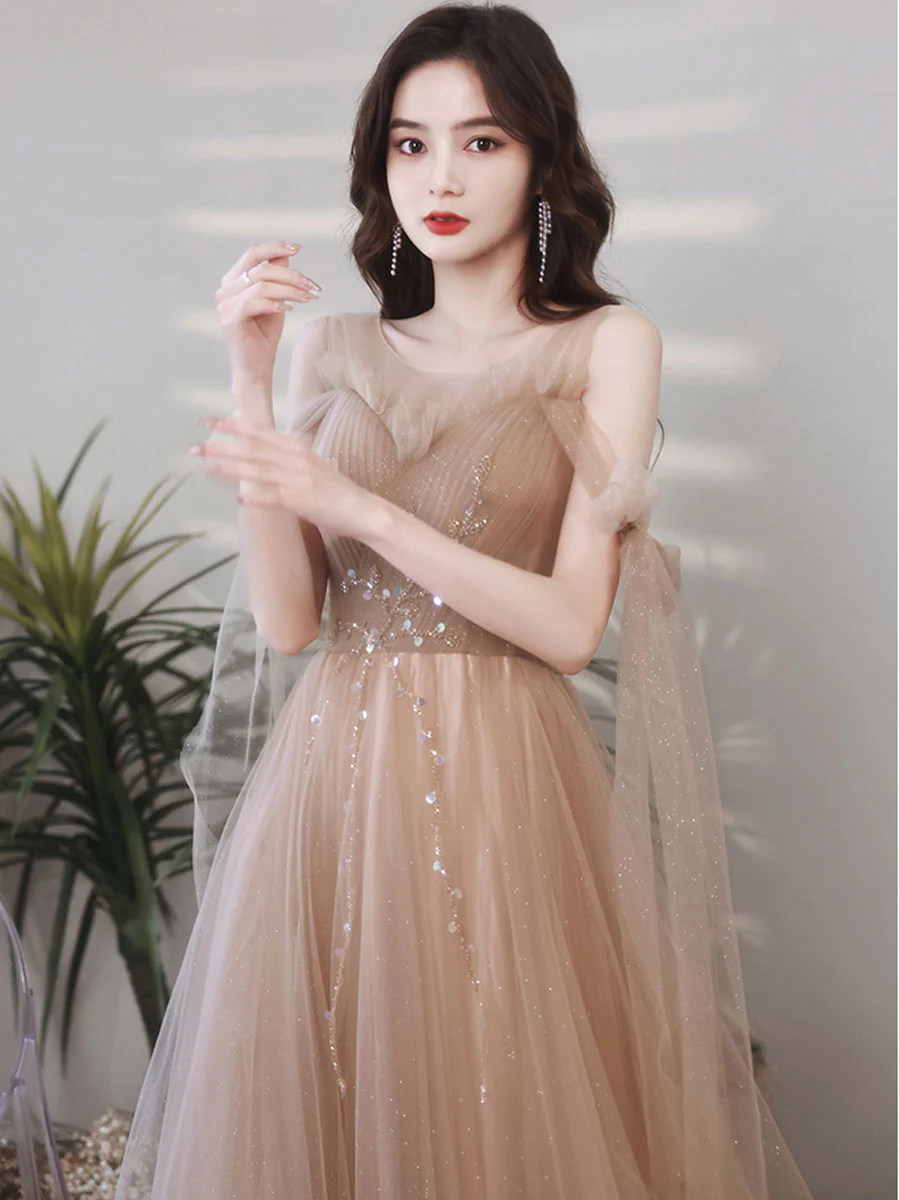 A line Tulle Beads Champagne Long Prom Dress, Champagne Graduation Dresses - Deanwangkt