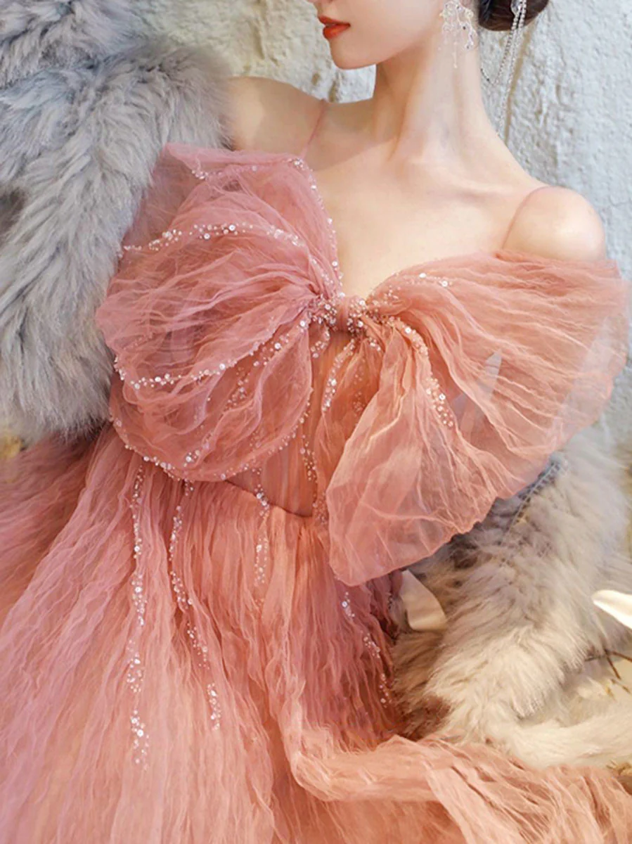A line Pink Long Prom Dresses, Tulle Long Formal Graduation Dresses With Sequin Beading - Deanwangkt
