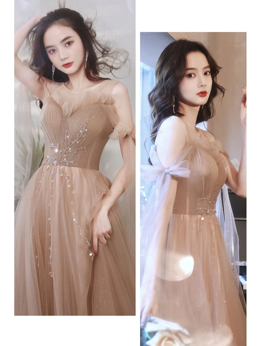 A line Tulle Beads Champagne Long Prom Dress, Champagne Graduation Dresses - Deanwangkt