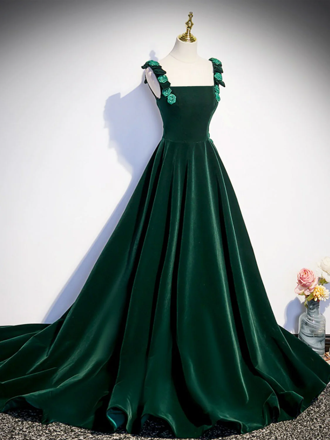 A-Line Velvet Green Long Prom Dresses, Green Formal Evening Dresses - Deanwangkt
