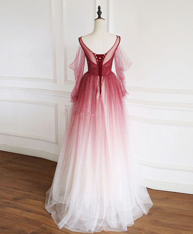 Burgundy Round Neck Tulle Long Prom Dress Burgundy Evening Dress - Deanwangkt