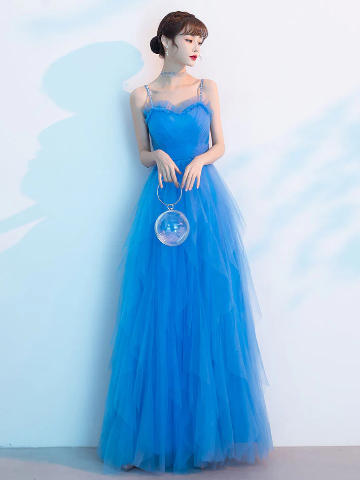 Blue Sweetheart Neck Tulle Long Prom Dress, Blue Evening Dress - Deanwangkt