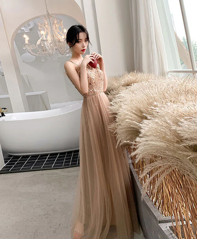 Champagne Sweetheart Tulle Beads Long Prom Dress Tulle Formal Dress - Deanwangkt