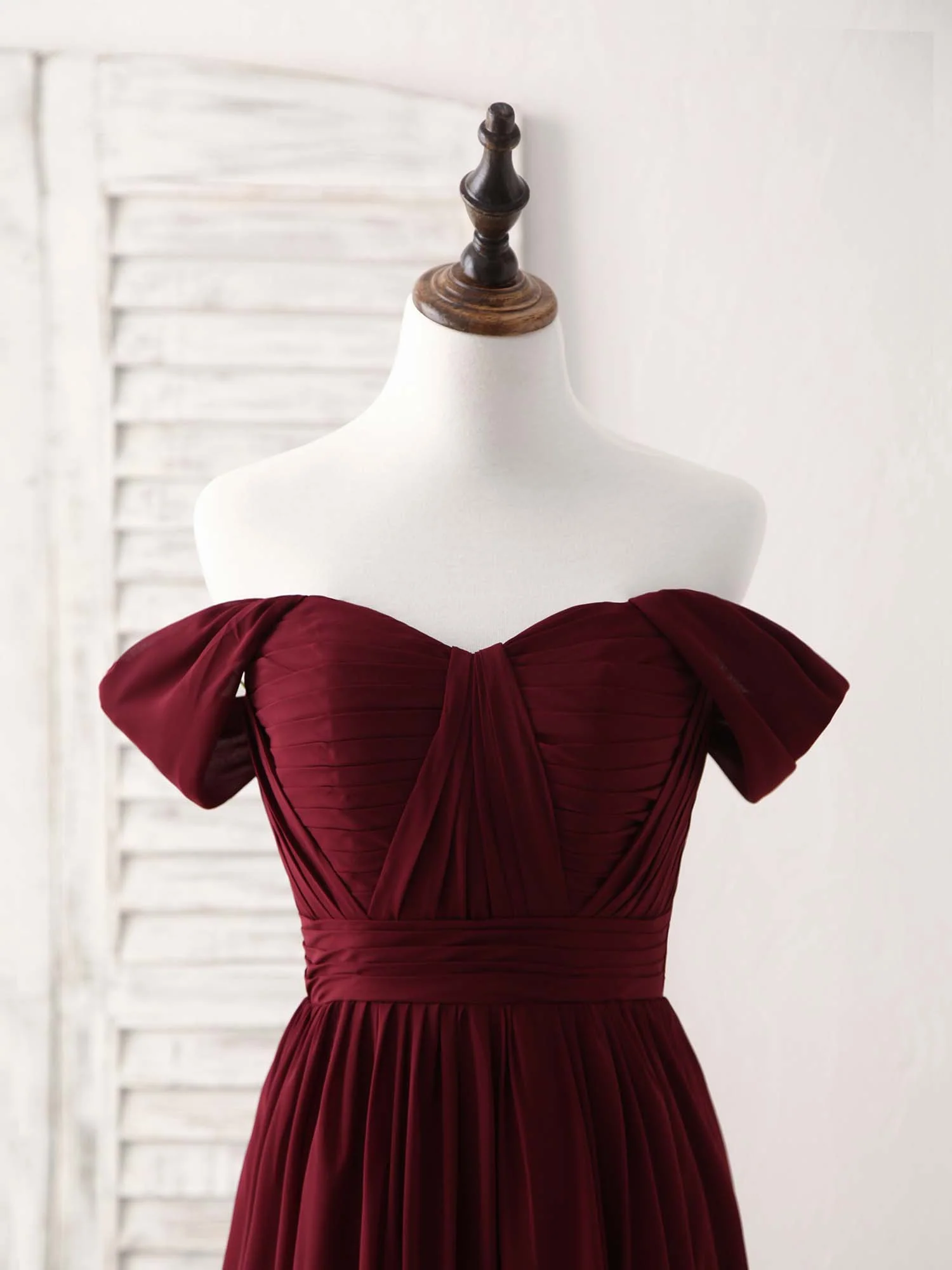 Burgundy Chiffon Off Shoulder Long Prom Dress Burgundy Bridesmaid Dress - Deanwangkt