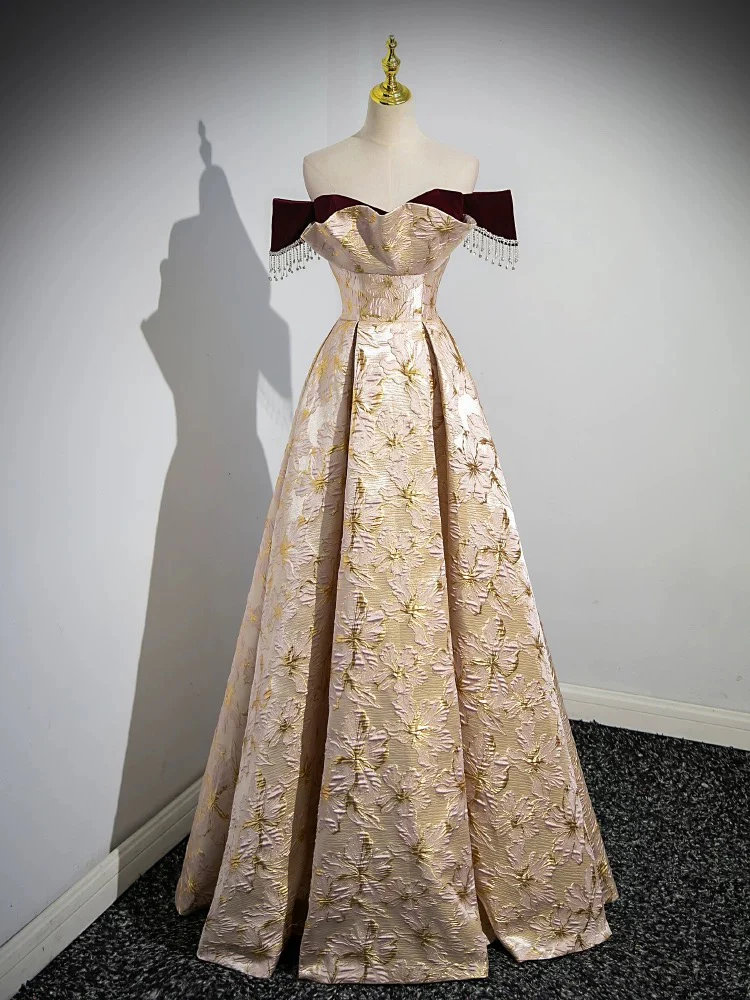 A-Line Off Shoulder Satin Champagne Long Prom Dress, Champagne Long Formal Dress - Deanwangkt