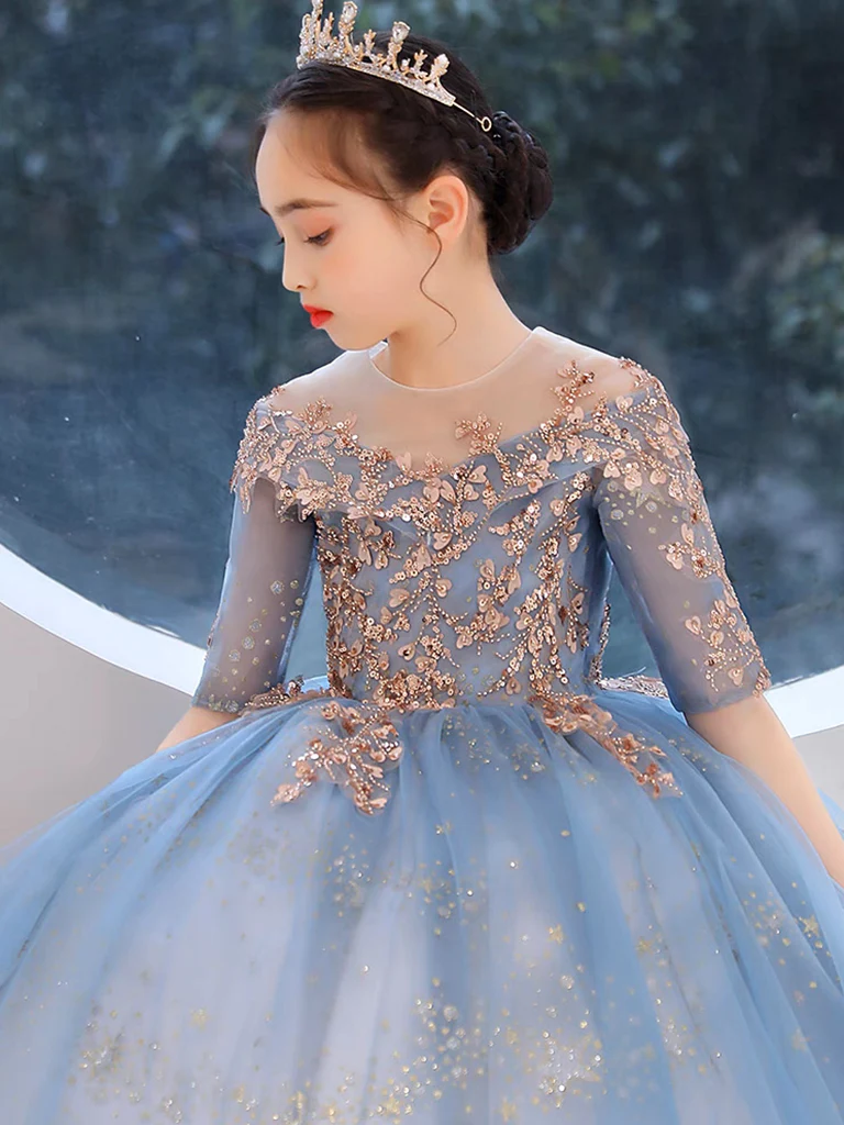 Blue Round Neck Tulle Sequin Lace Flower Girl Dress, Cute Blue Flower Girl Dress - Deanwangkt