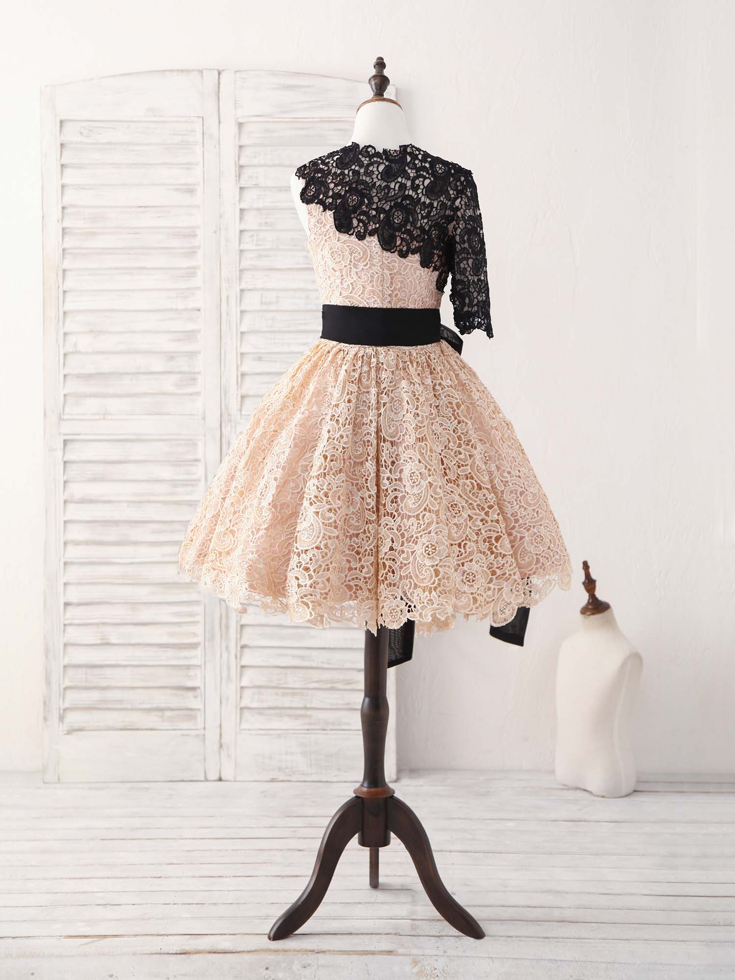 Champagne Lace Short Prom Dress, Champagne Homecoming Dress - Deanwangkt