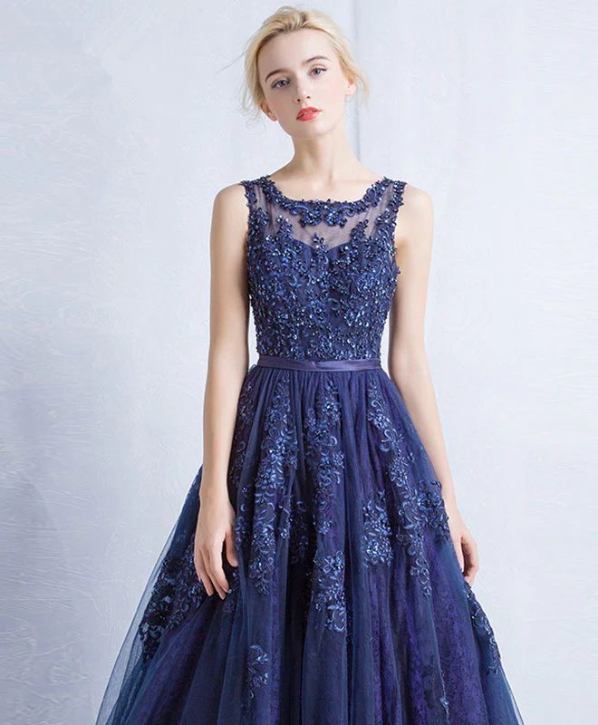 Dark Blue Round Neck Tulle Lace Applique Long Prom Dress - Deanwangkt