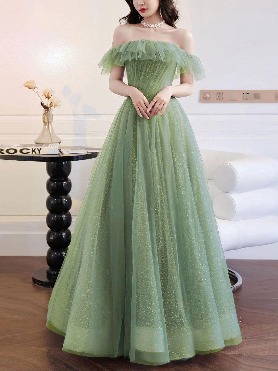 A line Green Long Prom Dresses, Green Tulle Formal Graduation Party Dress - Deanwangkt