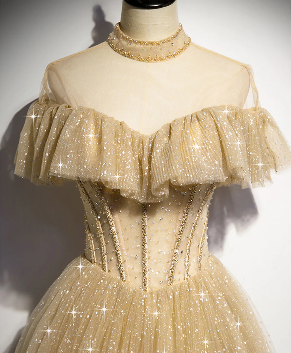 Champagne Long Prom Dress, Aline Champagne Graduation Dress with Beading - Deanwangkt