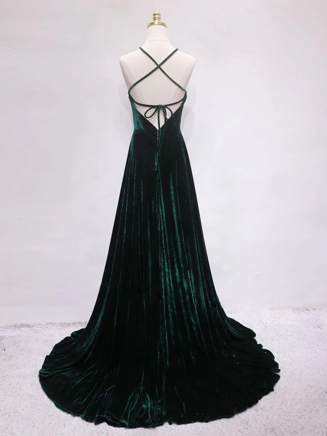 A-Line Backless Green Velvet Long Prom Dresses, Green Formal Evening Dresses - Deanwangkt