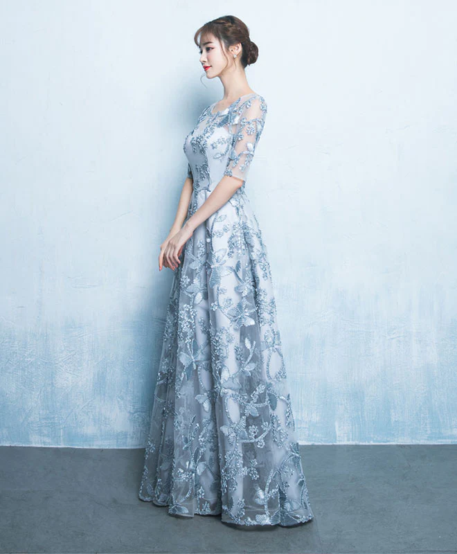 A Line Round Neck Tulle Gray Long Prom Dress, Formal Dress - Deanwangkt