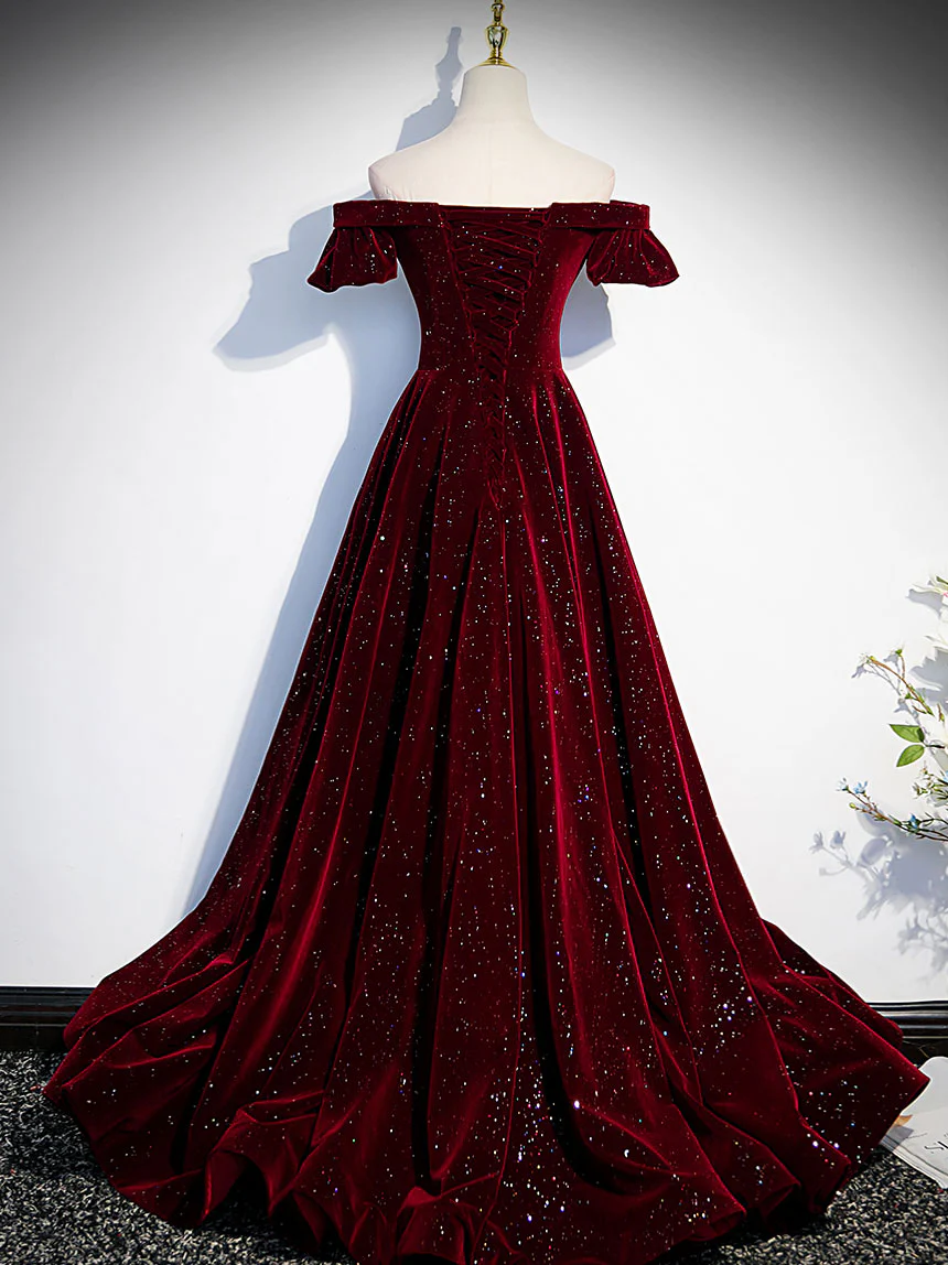 Burgundy Velvet Long Prom Dress, Burgundy Long Formal Dress - Deanwangkt