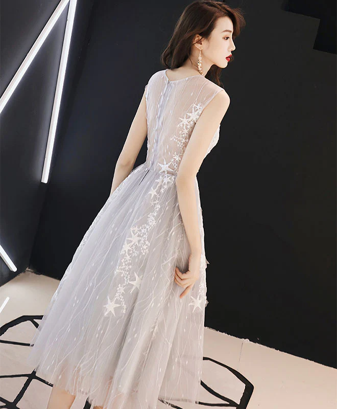 Gray Tulle Lace Short Prom Dress, Gray Homecoming Dress - Deanwangkt