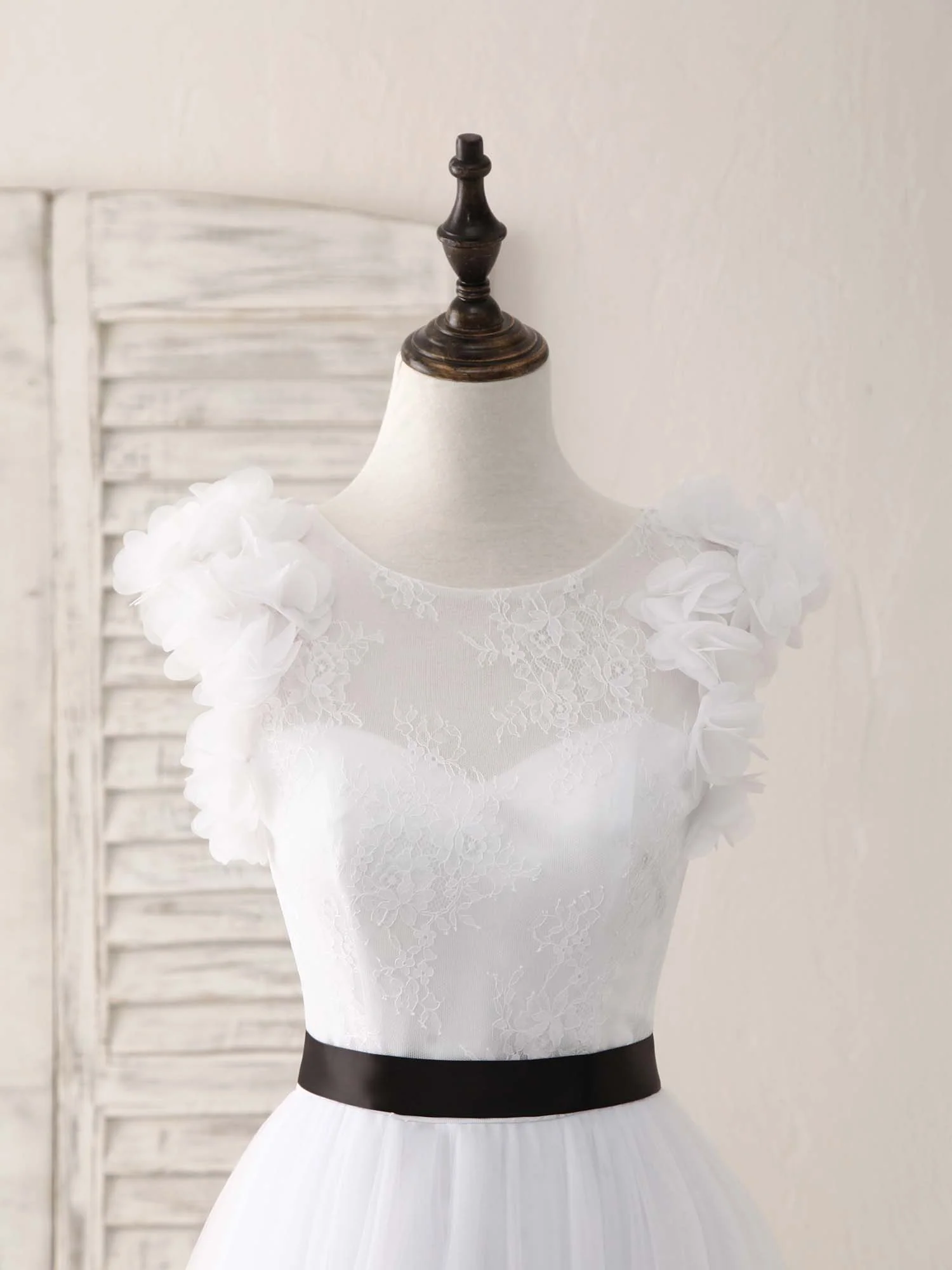White A-Line Lace Tulle Long Prom Dress, White Evening Dress - Deanwangkt